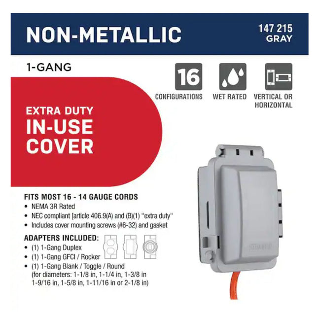 1-Gang Extra Duty Horizontal/Vertical Non-Metallic Weatherproof In-Use Outlet Cover (16-in-1-Configurations), Gray
